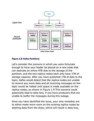 Figure 1.8: Kafka Partitions
Let’s consider the scenario in which you were fortunate
enough to have your leader be placed on a new node that
can dedicate an entire 4TB disk to the storage of the
partition, and the two replica nodes each only have 1TB of
storage capacity. After you have published 1TB of data to the
topic, Kafka would detect that the replica nodes are unable
to receive any more data and all incoming messages on the
topic would be halted until space is made available on the
replica nodes, as shown in Figure 1.9 This scenario could
potentially lead to data loss, if you have producers that are
unable to buffer the messages during this outage.
Once you have identified the issue, your only remedies are
to either make more room on the existing replica nodes by
deleting data from the disks, which will result in data loss,
 