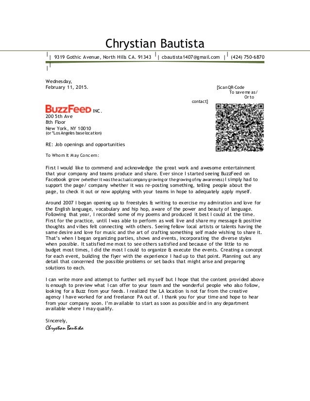 Chrystian Bautista Cover Letter 2015 Buzzfeed