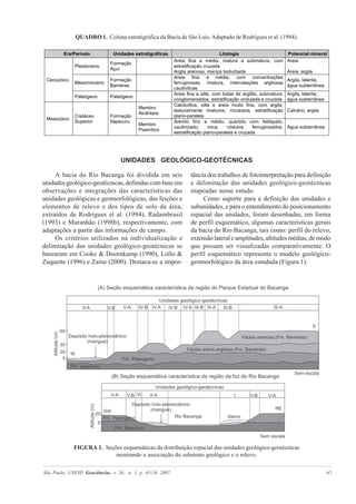 São Paulo, UNESP, Geociências, v. 26, n. 1, p. 45-54, 2007 47
QUADRO 1. Coluna estratigráfica da Bacia de São Luís.Adaptado de Rodrigues et al. (1994).
UNIDADES GEOLÓGICO-GEOTÉCNICAS
A bacia do Rio Bacanga foi dividida em seis
unidades geológico-geotécnicas, definidas com base em
observações e integrações das características das
unidades geológicas e geomorfológicas, das feições e
elementos de relevo e dos tipos de solo da área,
extraídos de Rodrigues et al. (1994), Radambrasil
(1993) e Maranhão (1998b), respectivamente, com
adaptações a partir das informações de campo.
Os critérios utilizados na individualização e
delimitação das unidades geológico-geotécnicas se
basearam em Cooke & Doornkamp (1990), Lollo &
Zuquette (1996) e Zaine (2000). Destaca-se a impor-
tância dos trabalhos de fotointerpretação para definição
e delimitação das unidades geológico-geotécnicas
mapeadas nesse estudo.
Como suporte para a definição das unidades e
subunidades, e para o entendimento do posicionamento
espacial das unidades, foram desenhadas, em forma
de perfil esquemático, algumas características gerais
da bacia do Rio Bacanga, tais como: perfil do relevo,
extensão lateral e amplitudes, altitudes médias, de modo
que possam ser visualizadas comparativamente. O
perfil esquemático representa o modelo geológico-
geomorfológico da área estudada (Figura 1).
FIGURA 1. Seções esquemáticas da distribuição espacial das unidades geológico-geotécnicas
mostrando a associação do substrato geológico e o relevo.
 