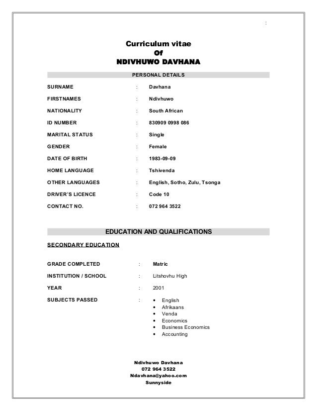 davhana n cv cv template south africa pdf