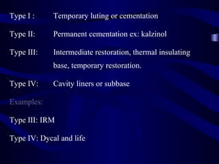 Type I :     Temporary luting or cementation

Type II:     Permanent cementation ex: kalzinol

Type III:    Intermediate restoration, thermal insulating
             base, temporary restoration.

Type IV:     Cavity liners or subbase

Examples:

Type III: IRM

Type IV: Dycal and life
 