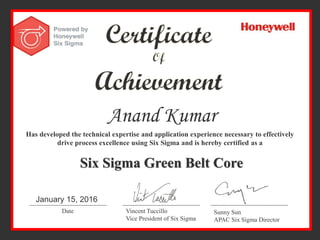 Anand Kumar
Has developed the technical expertise and application experience necessary to effectively
drive process excellence using Six Sigma and is hereby certified as a
Six Sigma Green Belt Core
Date Vincent Tuccillo
Vice President of Six Sigma
Sunny Sun
APAC Six Sigma Director
January 15, 2016
 