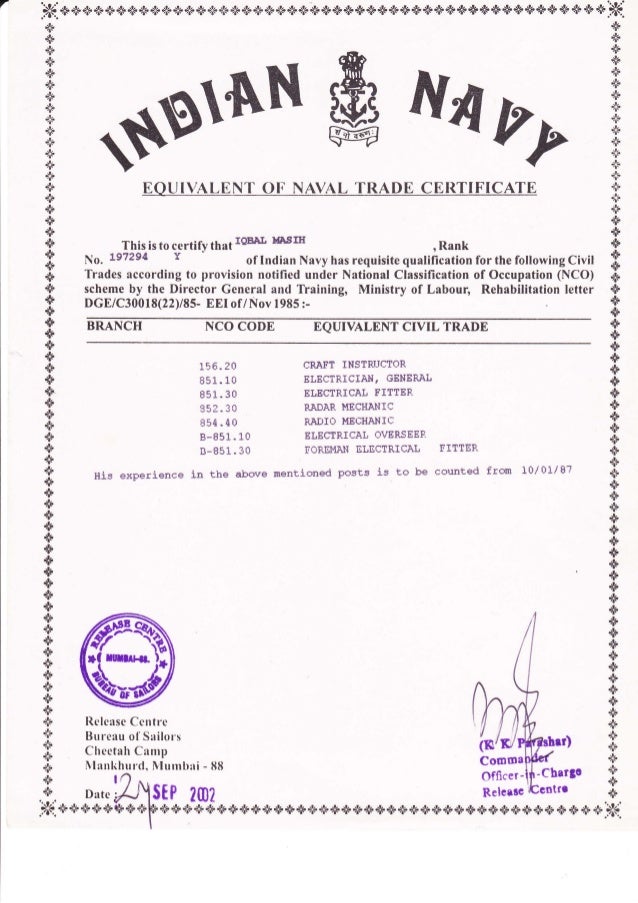 Equi Of Naval Trade Certificate Iqbal Masih - 