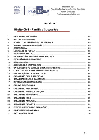 2
Sumário
Direito Civil – Família e Sucessões
1. DIREITO DAS SUCESSÕES............................................................................................... 05
2. PACTOS SUCESSÓRIOS ................................................................................................... 05
3. MOMENTO DE TRANSMISSÃO DA HERANÇA ................................................................ 05
4. LEI QUE REGULA A SUCESSÃO ..................................................................................... 05
5. COMORIÊNCIA ................................................................................................................... 05
6. LIBERDADE DE TESTAR .................................................................................................. 05
7. SUCESSÃO ABERTA......................................................................................................... 06
8. DA ACEITAÇÃO OU RENÚNCIA DA HERANÇA.............................................................. 06
9. EXCLUSÃO POR INDIGNIDADE........................................................................................ 06
10. DESERDALÇAO.................................................................................................................. 06
11. SUCESSÃO DO COMPANHEIRO ...................................................................................... 06
12. DA SUCESSÃO DO CÔNJUJE E DEMAIS HERDEIROS.................................................. 07
13. CONSTITUIÇÃO DE 1988 E O DIREITO DE FAMÍLIA ...................................................... 07
14. DAS RELAÇÃOES DE PARENTESCO ............................................................................ 08
15. CASAMENTO CIVIL E RELIGIOSO.................................................................................... 08
16. CAPACIDADE PARA O CASAMENTO............................................................................... 08
17. IMPEDIMENTOS MATRIMONIAIS ..................................................................................... 08
18. CAUSAS SUSPENSIVAS..................................................................................................... 08
19. CASAMENTO NUNCUPATIVO ........................................................................................... 08
20. CASAMENTO POR PROCURAÇÃO .................................................................................. 09
21. CASAMENTO INEXISTENTE.............................................................................................. 09
22. CASAMENTO NULO .......................................................................................................... 09
23. CASAMENTO ANULÁVEL ................................................................................................. 09
24. CASAMENTO PUTATIVO .................................................................................................. 09
25. EFEITOS JURÍDICOS DO PATRIMÔNIO .......................................................................... 09
26. PRINCIPAIS FUNDAMENTOS ........................................................................................... 10
27. PACTO ANTENUPCIAL ..................................................................................................... 10
 