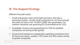 III. The Support Ecology
Different financial needs:
1. Small enterprises need microcredit and loans. But also a
guarantee system: usually small companies do not have enough
securities for loans over 10.000 € (SME loan guarantee). For
creative industries use upcoming EU Guaranteefund for CCS
2. Availability of loans (and guarantees) for CCS for portfolio
companies not aiming at fast growth
3. Government backed but independent operating investment fund
for loans and equity, usually ± 70% loans and 30% equity aiming
at growth companies
Values of Culture&Creativity
 