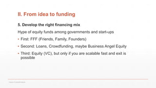 II. From idea to funding
5. Develop the right financing mix
Hype of equity funds among governments and start-ups
▪ First: FFF (Friends, Family, Founders)
▪ Second: Loans, Crowdfunding, maybe Business Angel Equity
▪ Third: Equity (VC), but only if you are scalable fast and exit is
possible
Values of Culture&Creativity
 