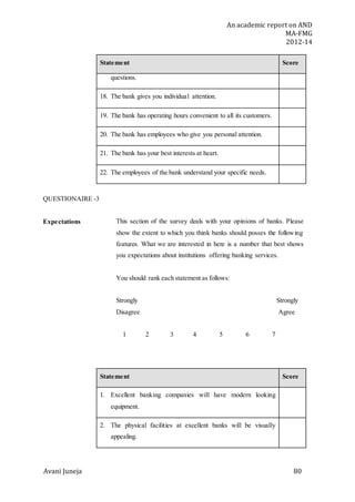 An academic report on AND
MA-FMG
2012-14
Avani Juneja 80
Statement Score
questions.
18. The bank gives you individual attention.
19. The bank has operating hours convenient to all its customers.
20. The bank has employees who give you personal attention.
21. The bank has your best interests at heart.
22. The employees of the bank understand your specific needs.
QUESTIONAIRE -3
Expectations This section of the survey deals with your opinions of banks. Please
show the extent to which you think banks should posses the following
features. What we are interested in here is a number that best shows
you expectations about institutions offering banking services.
You should rank each statement as follows:
Strongly Strongly
Disagree Agree
1 2 3 4 5 6 7
Statement Score
1. Excellent banking companies will have modern looking
equipment.
2. The physical facilities at excellent banks will be visually
appealing.
 