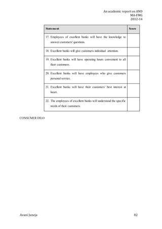 An academic report on AND
MA-FMG
2012-14
Avani Juneja 82
Statement Score
17. Employees of excellent banks will have the knowledge to
answer customers' questions.
18. Excellent banks will give customers individual attention.
19. Excellent banks will have operating hours convenient to all
their customers.
20. Excellent banks will have employees who give customers
personal service.
21. Excellent banks will have their customers' best interest at
heart.
22. The employees of excellent banks will understand the specific
needs of their customers.
CONSUMER DILO
 