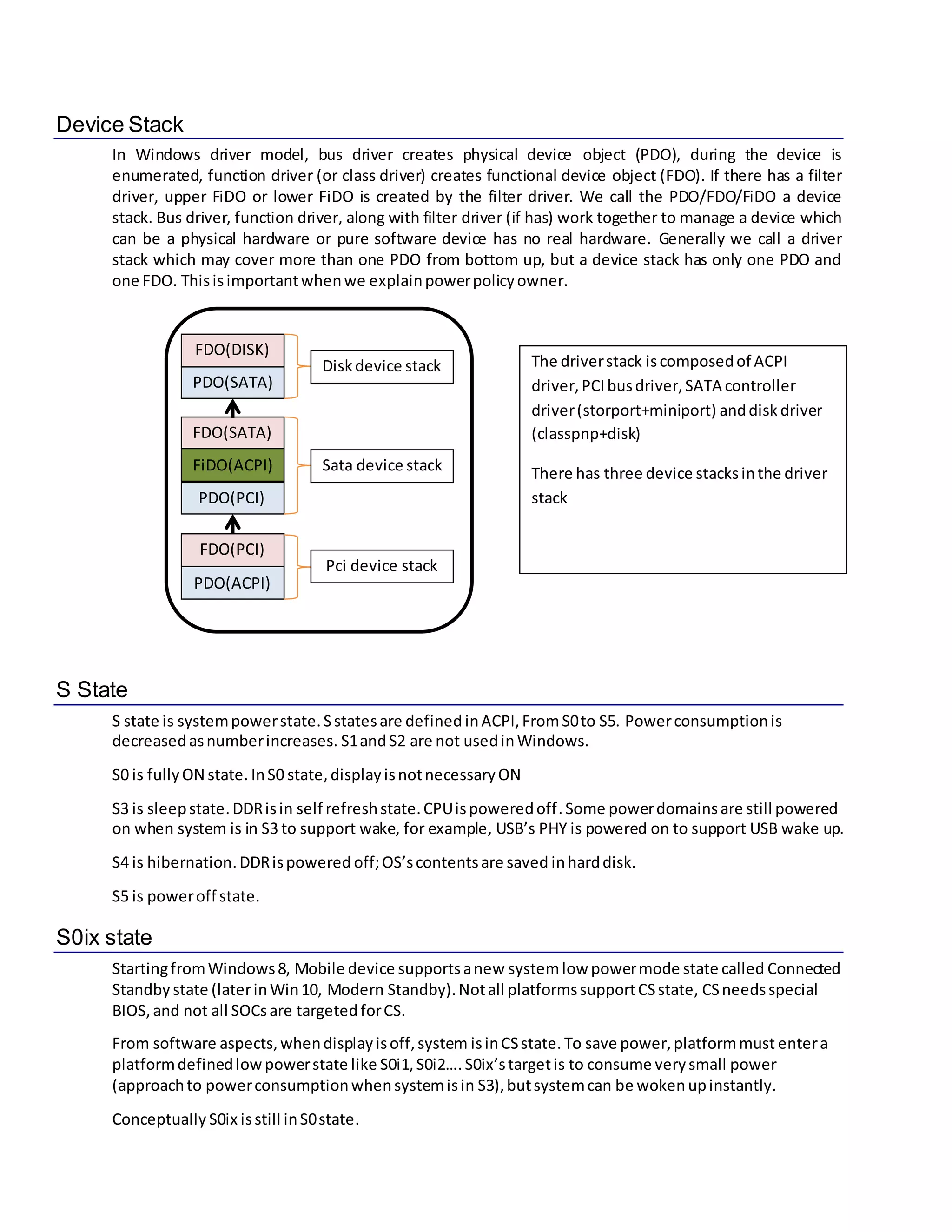 Device Stack
In Windows driver model, bus driver creates physical device object (PDO), during the device is
enumerated, function driver (or class driver) creates functional device object (FDO). If there has a filter
driver, upper FiDO or lower FiDO is created by the filter driver. We call the PDO/FDO/FiDO a device
stack. Bus driver, function driver, along with filter driver (if has) work together to manage a device which
can be a physical hardware or pure software device has no real hardware. Generally we call a driver
stack which may cover more than one PDO from bottom up, but a device stack has only one PDO and
one FDO. Thisisimportantwhenwe explainpowerpolicyowner.
S State
S state is systempowerstate.Sstatesare defined inACPI, FromS0to S5. Powerconsumptionis
decreasedasnumberincreases. S1andS2 are not usedinWindows.
S0 is fullyON state. InS0 state,displayisnotnecessaryON
S3 is sleepstate.DDRisin self refreshstate.CPUispoweredoff. Some powerdomainsare still powered
on when system is in S3 to support wake, for example, USB’s PHY is powered on to support USB wake up.
S4 is hibernation.DDRispowered off;OS’scontentsare saved inharddisk.
S5 is poweroff state.
S0ix state
StartingfromWindows8, Mobile device supportsanew systemlow powermode state called Connected
Standby state (laterinWin10, Modern Standby).Notall platformssupportCSstate, CSneedsspecial
BIOS,and not all SOCsare targetedforCS.
From software aspects,whendisplayisoff,system isinCSstate. To save power,platformmust entera
platformdefinedlowpowerstate like S0i1,S0i2….S0ix’stargetis to consume verysmall power
(approachto powerconsumptionwhensystemisin S3),butsystemcan be wokenupinstantly.
Conceptually S0ix isstill inS0state.
FDO(SATA)
FiDO(ACPI)
PDO(SATA)
FDO(DISK)
FDO(PCI)
PDO(ACPI)
PDO(PCI)
Sata device stack
Pci device stack
Diskdevice stack The driverstack iscomposedof ACPI
driver,PCIbusdriver,SATA controller
driver(storport+miniport) anddisk driver
(classpnp+disk)
There has three device stacksinthe driver
stack
 