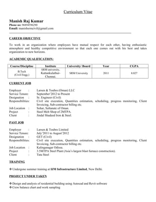 Curriculum Vitae
Manish Raj Kumar
Phone no: 96894596290
Email: manishsrmcivil@gmail.com
_______________________________________________________________________________________
CAREER OBJECTIVE
To work in an organization where employees have mutual respect for each other, having enthusiastic
atmosphere and healthy competitive environment so that each one comes out with his best and takes
organization to new horizons.
ACADEMIC QUALIFICATION:
Course/Discipline Institute University/ Board Year CGPA
B.Tech
(Civil Engg.)
SRM university,
Kattankulathur-
Chennai.
SRM University 2011 8.027
CURRENT JOB
Employer : Larsen & Toubro (Oman) LLC
Service Tenure: September’2012 to Present
Designation : Sr. Engineer (Civil)
Responsibilities: Civil site execution, Quantities estimation, scheduling, progress monitoring, Client
Invoicing, Sub-contractor billing etc.
Job Location : Sohar, Sultanate of Oman.
Project : Steel Melt Shop of 2MTPA.
Client : Jindal Shadeed Iron & Steel.
PAST JOB
Employer : Larsen & Toubro Limited
Service Tenure: July’2011 to August’2012
Designation : GET (Civil)
Responsibilities: Civil site execution, Quantities estimation, scheduling, progress monitoring, Client
Invoicing, Sub-contractor billing etc.
Job Location : Kalinganagar Odissa.
Project : 3.5MTPA Steel Plant (Asia’s largest blast furnace construction).
Client : Tata Steel
TRAINING
Undergone summer training at IJM Infrastructure Limited, New Delhi.
PROJECT UNDER TAKEN
Design and analysis of residential building using Autocad and Revit software
Crew balance chart and work sampling
 