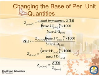 Changing the Base of Per Unit
Quantities
B[new]
Short Circuit Calculations
IIEE Presentation
pu[new]
[new]
[new]
B[new]
[old]
pu[old ]
[old ]
pu[old]
Z
Z
base kVA
basekV
Z
base kVA[old]
base kVA[old]
Z

Z()
2
1000

Z base kV 2
1000
Z() 
base kV 2
1000

actual impedance, Z()
 