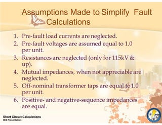 Assumptions Made to Simplify Fault
Calculations
Short Circuit Calculations
IIEE Presentation
1. Pre-fault load currents are neglected.
2. Pre-fault voltages are assumed equal to 1.0
per unit.
3. Resistances are neglected (only for 115kV &
up).
4. Mutual impedances, when not appreciableare
neglected.
5. Off-nominal transformer taps are equal to1.0
per unit.
6. Positive- and negative-sequence impedances
are equal.
 