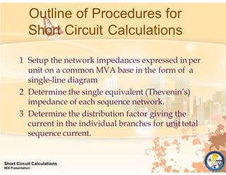 Outline of Procedures for
Short Circuit Calculations
Short Circuit Calculations
IIEE Presentation
1 Setup the network impedances expressed in per
unit on a common MVA base in the form of a
single-line diagram
2 Determine the single equivalent (Thevenin’s)
impedance of each sequence network.
3 Determine the distribution factor giving the
current in the individual branches for unittotal
sequence current.
 