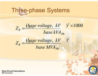 Three-phase Systems
Short Circuit Calculations
IIEE Presentation
)2
base MVA3
(base voltage, kV
base kVA3
(base voltage, kV )2
1000
ZB LL
ZB LL
 