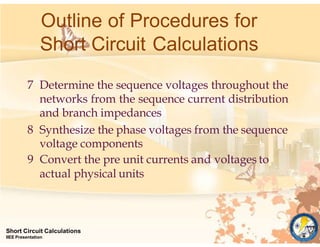 Outline of Procedures for
Short Circuit Calculations
Short Circuit Calculations
IIEE Presentation
7 Determine the sequence voltages throughout the
networks from the sequence current distribution
and branch impedances
8 Synthesize the phase voltages from the sequence
voltage components
9 Convert the pre unit currents and voltages to
actual physical units
 