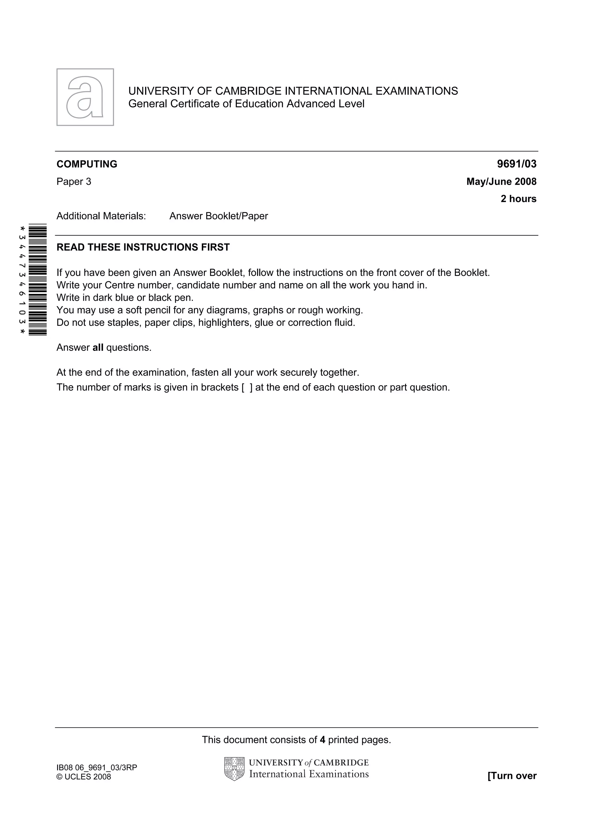 Computer paper 3 may june 2008 9691 cambridge General Certificate of