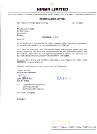 Nirma Conformation LETTER 2006