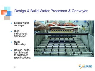 11
Design & Build Wafer Processor & Conveyor
 Silicon wafer
conveyor
 High
throughput,
50mm/sec
 Runs
24hrs/day
 Design, build,
test & install
to customer
specifications.
 