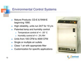 13
Environmental Control Systems
 Mature Products: CD-E & RAM-E
beginning 1990.
 High reliability, units run 24/7 for 10 yrs
 Patented temp and humidity control
 Temperature control of +/- .05° C
 Humidity control of +/- .3% RH
 Units from 100 CFM to 4000 CFM
 Single or multiple air outlets
 Class 1 air with appropriate filter
 Customization for specific applications
 