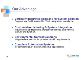 21
Our Advantage
 Vertically integrated company for system solution
Engineering, Build, Assemble, Test, Integration, Installation
 Custom Manufacturing & System Integration
reduces cost and leadtime, increases flexibility, and insures
form, fit and function.
 Environmental Control Solutions
integrated enclosures for process specific requirements.
 Complete Automation Systems
for semiconductor, biotech, industrial applications.
 
