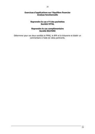 20
20
Exercices d’applications sur l’équilibre financier
Analyse fonctionnelle
Reprendre le cas n°4 des pochettes
Société VITAL
Reprendre le cas complémentaire
Société BILFONC
Déterminer pour ces deux sociétés le FRNG, le BFR et la trésorerie et établir un
commentaire à l’aide de ratios pertinents.
 