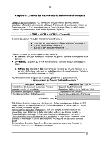 21
21
Chapitre 4 : L’analyse des mouvements du patrimoine de l’entreprise
Le tableau de financement du PCG permet une analyse détaillée des mouvements
comptables affectant le patrimoine. Le tableau de financement est un moyen de retracer les
flux économiques et financiers qui ont traversé l’entreprise durant l’exercice et d’expliquer
comment l’équilibre financier a été obtenu à partir de l’équation :
∆∆∆∆ FRNG = ∆∆∆∆ BFRE + ∆∆∆∆ BFRHE + ∆∆∆∆Trésorerie
Il permet de juger de l'évolution financière d'une entreprise :
• quels sont les investissements réalisés au cours d'une année ?
• quel est l'endettement contracté ?
• quel est la part de l'autofinancement ? ...
C'est un document qui se décompose en deux tableaux :
• 1er
tableau : évolution du fonds de roulement net global : éléments de long terme (haut
de bilan)
• 2ème
tableau : évolution du BFR et de la trésorerie : éléments de court terme (bas de
bilan)
1. Tableau des emplois et des ressources de l’exercice qui ont une incidence sur la
variation du fonds de roulement net global (Variations des passifs stables - Variations
des actifs immobilisés = Variation du FRNG).
Pour bien comprendre la logique de ce tableau, posez-vous la question suivante :
« comment peut-on financer les investissements ?
EMPLOIS DE L’EXERCICE RESSOURCES DE L’EXERCICE
distributions de dividendes au cours de l’exercice Capacité d'autofinancement
Acquisitions d'actifs immobilisés Réductions d’éléments de l’actif immobilisé
Réductions des capitaux propres Augmentation des capitaux
Remboursement des dettes financières Augmentations des dettes financières
Variation du FRNG
Distributions de dividendes au cours de l’exercice : il s’agit des dividendes de l’exercice N-1
mis en paiement au cours de l’exercice N. Cette information se trouve au crédit du compte
457 Associés, dividendes à payer.
Remboursement des dettes financières : il faut tenir compte du remboursement des
emprunts au cours de l’année N. Cette information se trouve au débit du compte 16
Emprunts et dettes assimilées (à l’exclusion des concours et découverts bancaires).
Cessions ou réductions d’éléments de l’actif immobilisé : il s’agit du prix de cession de ces
éléments. L’information se trouve dans le compte 775 Produits des cessions d’éléments
d’actif.
Augmentations des dettes financières : Emprunts contractés au cours de l’exercice (à
l’exclusion des concours ou découverts bancaires).
 