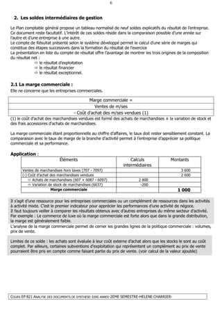 COURS EP 821 ANALYSE DES DOCUMENTS DE SYNTHESE-1ERE ANNEE-2EME SEMESTRE-HELENE CHARRIER-
6
2. Les soldes intermédiaires de gestion
Le Plan comptable général propose un tableau normalisé de neuf soldes explicatifs du résultat de l’entreprise.
Ce document reste facultatif. L’intérêt de ces soldes réside dans la comparaison possible d’une année sur
l’autre et d’une entreprise à une autre.
Le compte de Résultat présenté selon le système développé permet le calcul d'une série de marges qui
constitue des étapes successives dans la formation du résultat de l'exercice
La présentation en liste du compte de résultat offre l’avantage de montrer les trois origines de la composition
du résultat net :
le résultat d’exploitation
le résultat financier
le résultat exceptionnel.
2.1 La marge commerciale :
Elle ne concerne que les entreprises commerciales.
Marge commerciale =
Ventes de m/ses
- Coût d'achat des m/ses vendues (1)
(1) le coût d'achat des marchandises vendues est formé des achats de marchandises ± la variation de stock et
des frais accessoires d'achats de marchandises.
La marge commerciale étant proportionnelle au chiffre d’affaires, le taux doit rester sensiblement constant. La
comparaison avec le taux de marge de la branche d’activité permet à l’entreprise d’apprécier sa politique
commerciale et sa performance.
Application :
Éléments Calculs
intermédiaires
Montants
Ventes de marchandises hors taxes (707 - 7097) 3 600
(-) Coût d’achat des marchandises vendues 2 600
Achats de marchandises (607 + 6087 - 6097) 2 800
Variation de stock de marchandises (6037) -200
Marge commerciale 1 000
Il s’agit d’une ressource pour les entreprises commerciales ou un complément de ressources dans les activités
à activité mixte. C’est le premier indicateur pour apprécier les performances d’une activité de négoce.
Il faut toujours veiller à comparer les résultats obtenus avec d’autres entreprises du même secteur d’activité.
Par exemple : Le commerce de luxe où la marge commerciale est forte alors que dans la grande distribution,
la marge est généralement faible.
L’analyse de la marge commerciale permet de cerner les grandes lignes de la politique commerciale : volumes,
prix de vente.
Limites de ce solde : les achats sont évaluée à leur coût externe d’achat alors que les stocks le sont au coût
complet. Par ailleurs, certaines subventions d’exploitation qui représentent un complément au prix de vente
pourraient être pris en compte comme faisant partie du prix de vente. (voir calcul de la valeur ajoutée)
 
