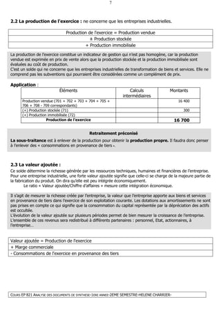 COURS EP 821 ANALYSE DES DOCUMENTS DE SYNTHESE-1ERE ANNEE-2EME SEMESTRE-HELENE CHARRIER-
7
2.2 La production de l'exercice : ne concerne que les entreprises industrielles.
Production de l'exercice = Production vendue
± Production stockée
+ Production immobilisée
La production de l’exercice constitue un indicateur de gestion qui n’est pas homogène, car la production
vendue est exprimée en prix de vente alors que la production stockée et la production immobilisée sont
évaluées au coût de production.
C’est un solde qui ne concerne que les entreprises industrielles de transformation de biens et services. Elle ne
comprend pas les subventions qui pourraient être considérées comme un complément de prix.
Application :
Éléments Calculs
intermédiaires
Montants
Production vendue (701 + 702 + 703 + 704 + 705 +
706 + 708 - 709 correspondants)
16 400
(+) Production stockée (71) 300
(+) Production immobilisée (72)
Production de l’exercice 16 700
Retraitement préconisé
La sous-traitance est à enlever de la production pour obtenir la production propre. Il faudra donc penser
à l’enlever des « consommations en provenance de tiers ».
2.3 La valeur ajoutée :
Ce solde détermine la richesse générée par les ressources techniques, humaines et financières de l’entreprise.
Pour une entreprise industrielle, une forte valeur ajoutée signifie que celle-ci se charge de la majeure partie de
la fabrication du produit. On dira qu’elle est peu intégrée économiquement.
Le ratio « Valeur ajoutée/Chiffre d’affaires » mesure cette intégration économique.
Il s’agit de mesurer la richesse créée par l’entreprise, la valeur que l’entreprise apporte aux biens et services
en provenance de tiers dans l’exercice de son exploitation courante. Les dotations aux amortissements ne sont
pas prises en compte ce qui signifie que la consommation du capital représentée par la dépréciation des actifs
est occultée.
L’évolution de la valeur ajoutée sur plusieurs périodes permet de bien mesurer la croissance de l’entreprise.
L’ensemble de ces revenus sera redistribué à différents partenaires : personnel, Etat, actionnaires, à
l’entreprise…
Valeur ajoutée = Production de l'exercice
+ Marge commerciale
- Consommations de l'exercice en provenance des tiers
 