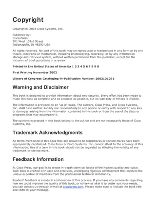 • Table of Contents
• Index
Web Security Field Guide
BySteve Kalman
Publisher: Cisco Press
Pub Date: November 08, 2002
ISBN: 1-58705-092-7
Pages: 608
Hands-on techniques for securing Windows(r) servers, browsers, and network communications.
Create effective security policies and establish rules for operating in and maintaining a
security- conscious environment
Learn how to harden Windows multi-user platforms, including NT, 2000, and XP
Understand secure installation options for Windows web servers and how to enhance
security on existing web and FTP server installations
Improve security at the end user's workstation, including web browsers, desktops, and
laptops
Evaluate the pros and cons of installing a certificate server and becoming your own
Certification Authority
Learn the Cisco PIX Firewall and Cisco IOS Firewall architecture and how to apply Cisco
standard and extended access lists
Discover ways to test the current state of security and keep it up to date
Learn to engage end users as part of the overall network security solution
While the Internet has transformed and improved the way we do business, this vast network and
its associated technologies have opened the door to an increasing number of security threats.
The challenge for successful, public web sites is to encourage access to the site while eliminating
undesirable or malicious traffic and to provide sufficient levels of security without constraining
performance or scalability. The more reliant organizations become on the Internet to perform
daily jobs or conduct transactions, the greater the impact a breach of network security has. Just
as Cisco Systems has been an innovator in using the Internet to conduct business, so too is it a
market leader in the development and sale of products and technologies that protect data
traveling across the Internet. Yet a network security solution is only as strong as its weakest
link. Network attacks can occur at any point, including the network connection, the firewall, the
web server, or the client. Hardening the defenses at all these points is key to creating an
effective, all-encompassing network security solution.
Copyright
Copyright© 2003 Cisco Systems, Inc.
Published by:
Cisco Press
201 West 103rd Street
Indianapolis, IN 46290 USA
All rights reserved. No part of this book may be reproduced or transmitted in any form or by any
means, electronic or mechanical, including photocopying, recording, or by any information
storage and retrieval system, without written permission from the publisher, except for the
inclusion of brief quotations in a review.
Printed in the United States of America 1 2 3 4 5 6 7 8 9 0
First Printing November 2002
Library of Congress Cataloging-in-Publication Number: 2002101291
Warning and Disclaimer
This book is designed to provide information about web security. Every effort has been made to
make this book as complete and as accurate as possible, but no warranty or fitness is implied.
The information is provided on an "as is" basis. The authors, Cisco Press, and Cisco Systems,
Inc. shall have neither liability nor responsibility to any person or entity with respect to any loss
or damages arising from the information contained in this book or from the use of the discs or
programs that may accompany it.
The opinions expressed in this book belong to the author and are not necessarily those of Cisco
Systems, Inc.
Trademark Acknowledgments
All terms mentioned in this book that are known to be trademarks or service marks have been
appropriately capitalized. Cisco Press or Cisco Systems, Inc. cannot attest to the accuracy of this
information. Use of a term in this book should not be regarded as affecting the validity of any
trademark or service mark.
Feedback Information
At Cisco Press, our goal is to create in-depth technical books of the highest quality and value.
Each book is crafted with care and precision, undergoing rigorous development that involves the
unique expertise of members from the professional technical community.
Readers' feedback is a natural continuation of this process. If you have any comments regarding
how we could improve the quality of this book, or otherwise alter it to better suit your needs,
you can contact us through e-mail at ciscopress.com. Please make sure to include the book title
and ISBN in your message.
 