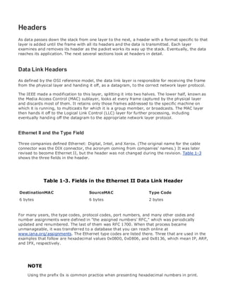 • Table of Contents
• Index
Web Security Field Guide
BySteve Kalman
Publisher: Cisco Press
Pub Date: November 08, 2002
ISBN: 1-58705-092-7
Pages: 608
Hands-on techniques for securing Windows(r) servers, browsers, and network communications.
Create effective security policies and establish rules for operating in and maintaining a
security- conscious environment
Learn how to harden Windows multi-user platforms, including NT, 2000, and XP
Understand secure installation options for Windows web servers and how to enhance
security on existing web and FTP server installations
Improve security at the end user's workstation, including web browsers, desktops, and
laptops
Evaluate the pros and cons of installing a certificate server and becoming your own
Certification Authority
Learn the Cisco PIX Firewall and Cisco IOS Firewall architecture and how to apply Cisco
standard and extended access lists
Discover ways to test the current state of security and keep it up to date
Learn to engage end users as part of the overall network security solution
While the Internet has transformed and improved the way we do business, this vast network and
its associated technologies have opened the door to an increasing number of security threats.
The challenge for successful, public web sites is to encourage access to the site while eliminating
undesirable or malicious traffic and to provide sufficient levels of security without constraining
performance or scalability. The more reliant organizations become on the Internet to perform
daily jobs or conduct transactions, the greater the impact a breach of network security has. Just
as Cisco Systems has been an innovator in using the Internet to conduct business, so too is it a
market leader in the development and sale of products and technologies that protect data
traveling across the Internet. Yet a network security solution is only as strong as its weakest
link. Network attacks can occur at any point, including the network connection, the firewall, the
web server, or the client. Hardening the defenses at all these points is key to creating an
effective, all-encompassing network security solution.
Headers
As data passes down the stack from one layer to the next, a header with a format specific to that
layer is added until the frame with all its headers and the data is transmitted. Each layer
examines and removes its header as the packet works its way up the stack. Eventually, the data
reaches its application. The next several sections look at headers in detail.
Data Link Headers
As defined by the OSI reference model, the data link layer is responsible for receiving the frame
from the physical layer and handing it off, as a datagram, to the correct network layer protocol.
The IEEE made a modification to this layer, splitting it into two halves. The lower half, known as
the Media Access Control (MAC) sublayer, looks at every frame captured by the physical layer
and discards most of them. It retains only those frames addressed to the specific machine on
which it is running, to multicasts for which it is a group member, or broadcasts. The MAC layer
then hands it off to the Logical Link Control (LLC) layer for further processing, including
eventually handing off the datagram to the appropriate network layer protocol.
Ethernet II and the Type Field
Three companies defined Ethernet: Digital, Intel, and Xerox. (The original name for the cable
connector was the DIX connector, the acronym coming from companies' names.) It was later
revised to become Ethernet II, but the header was not changed during the revision. Table 1-3
shows the three fields in the header.
Table 1-3. Fields in the Ethernet II Data Link Header
DestinationMAC SourceMAC Type Code
6 bytes 6 bytes 2 bytes
For many years, the type codes, protocol codes, port numbers, and many other codes and
number assignments were defined in "the assigned numbers' RFC," which was periodically
updated and renumbered. The last of them was RFC 1700. When that process became
unmanageable, it was transferred to a database that you can reach online at
www.iana.org/assignments. The Ethernet type codes are listed there. Three that are used in the
examples that follow are hexadecimal values 0x0800, 0x0806, and 0x8136, which mean IP, ARP,
and IPX, respectively.
NOTE
Using the prefix 0x is common practice when presenting hexadecimal numbers in print.
 