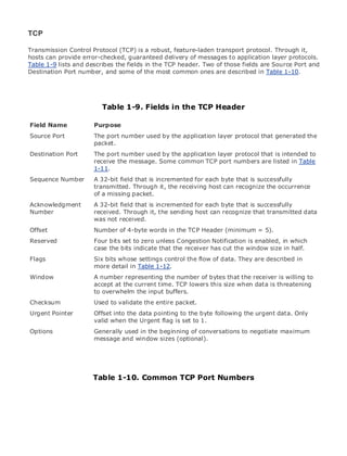 • Table of Contents
• Index
Web Security Field Guide
BySteve Kalman
Publisher: Cisco Press
Pub Date: November 08, 2002
ISBN: 1-58705-092-7
Pages: 608
Hands-on techniques for securing Windows(r) servers, browsers, and network communications.
Create effective security policies and establish rules for operating in and maintaining a
security- conscious environment
Learn how to harden Windows multi-user platforms, including NT, 2000, and XP
Understand secure installation options for Windows web servers and how to enhance
security on existing web and FTP server installations
Improve security at the end user's workstation, including web browsers, desktops, and
laptops
Evaluate the pros and cons of installing a certificate server and becoming your own
Certification Authority
Learn the Cisco PIX Firewall and Cisco IOS Firewall architecture and how to apply Cisco
standard and extended access lists
Discover ways to test the current state of security and keep it up to date
Learn to engage end users as part of the overall network security solution
While the Internet has transformed and improved the way we do business, this vast network and
its associated technologies have opened the door to an increasing number of security threats.
The challenge for successful, public web sites is to encourage access to the site while eliminating
undesirable or malicious traffic and to provide sufficient levels of security without constraining
performance or scalability. The more reliant organizations become on the Internet to perform
daily jobs or conduct transactions, the greater the impact a breach of network security has. Just
as Cisco Systems has been an innovator in using the Internet to conduct business, so too is it a
market leader in the development and sale of products and technologies that protect data
traveling across the Internet. Yet a network security solution is only as strong as its weakest
link. Network attacks can occur at any point, including the network connection, the firewall, the
web server, or the client. Hardening the defenses at all these points is key to creating an
effective, all-encompassing network security solution.
TCP
Transmission Control Protocol (TCP) is a robust, feature-laden transport protocol. Through it,
hosts can provide error-checked, guaranteed delivery of messages to application layer protocols.
Table 1-9 lists and describes the fields in the TCP header. Two of those fields are Source Port and
Destination Port number, and some of the most common ones are described in Table 1-10.
Table 1-9. Fields in the TCP Header
Field Name Purpose
Source Port The port number used by the application layer protocol that generated the
packet.
Destination Port The port number used by the application layer protocol that is intended to
receive the message. Some common TCP port numbers are listed in Table
1-11.
Sequence Number A 32-bit field that is incremented for each byte that is successfully
transmitted. Through it, the receiving host can recognize the occurrence
of a missing packet.
Acknowledgment
Number
A 32-bit field that is incremented for each byte that is successfully
received. Through it, the sending host can recognize that transmitted data
was not received.
Offset Number of 4-byte words in the TCP Header (minimum = 5).
Reserved Four bits set to zero unless Congestion Notification is enabled, in which
case the bits indicate that the receiver has cut the window size in half.
Flags Six bits whose settings control the flow of data. They are described in
more detail in Table 1-12.
Window A number representing the number of bytes that the receiver is willing to
accept at the current time. TCP lowers this size when data is threatening
to overwhelm the input buffers.
Checksum Used to validate the entire packet.
Urgent Pointer Offset into the data pointing to the byte following the urgent data. Only
valid when the Urgent flag is set to 1.
Options Generally used in the beginning of conversations to negotiate maximum
message and window sizes (optional).
Table 1-10. Common TCP Port Numbers
 