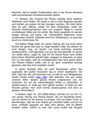 Kämmen, daß er weißen Puderwolken oder in der Sonne blendend
weiß erscheinenden Kometenschweifen gleicht.
11. Oktober. Der Zustand der Pferde erlaubte keine weiteren
Abstecher nach Süden. Wir waren in viel zu hohe Regionen geraten
und mußten uns wieder mit den Unsrigen vereinen. Wir ritten daher
über ein sehr offenes, weites Tal nach Nordwesten, wobei der
herrliche Schah-gandschum links von unserem Wege in unserer
unmittelbaren Nähe sich frei erhob. Der Koloß gewährte mit seinem
ewigen Schnee und seinen vier rudimentären Gletschern einen
wundervollen Anblick. Littledale nennt ihn Shakkanjorm; er ging hier
durch ein nördlicheres Tal.
Auf halbem Wege trafen wir Jamdu Tsering, der uns durch seine
Kuriere die ganze Zeit über im Auge behalten hatte. So seltsam es
auch klingen mag, wir freuten uns beide aufrichtig, einander
wiederzusehen, und begrüßten uns auf das freundlichste. Er könne
nun selbst sehen, sagte ich, daß ich mit meiner Reise nach Süden
keine bösen Absichten gehabt habe, wogegen er beteuerte, es habe
ihm nur leid getan, daß ich unnötigerweise über eine ganze Reihe
von Pässen klettern sollte, und er sei ganz entsetzlich besorgt
gewesen, daß dies mich angreifen würde!
In einem Quertale ritten wir nach Nordwesten weiter. Der
Lagerplatz der großen Karawane lag an einem Quellbache, der
klein, aber tief, klar und fischreich war, so daß ich zum Mittagsessen
wieder Fische erhielt (Abb. 288). Alle befanden sich gut, außer
unserem Alten, dessen ganzer Körper aufgedunsen war. Ich
versuchte, ihn auf die zweckmäßigste Weise zu behandeln; er
erklärte jedoch, er wolle gar nicht geheilt werden, er habe nur den
Wunsch gehabt, mich noch einmal wiederzusehen und dann zu
sterben! Armer Mann!
In diesem Lager, Nr. 103 (4860 Meter), trennten wir uns am 13.
von Jamdu Tsering und Tsering Daschi, die nur beauftragt waren,
uns bis hierher an die Grenze zu bringen, und nun baten, ihnen zu
bescheinigen, daß sie ihren Dienst gut verrichtet hätten und ich mit
ihnen zufrieden gewesen sei. Man sieht daraus, daß sie Befehl
erhalten hatten, höflich zu sein. Der Lama mußte das Zeugnis
 