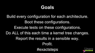 Goals
Build every configuration for each architecture.
Boot these configurations.
Execute tests on these configurations.
Do ALL of this each time a kernel tree changes.
Report the results in a sensible way.
Profit.
#exactsteps
 