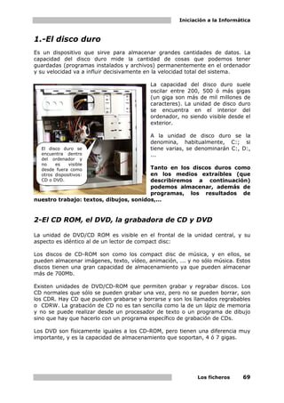 Iniciación a la Informática



1.-El disco duro
Es un dispositivo que sirve para almacenar grandes cantidades de datos. La
capacidad del disco duro mide la cantidad de cosas que podemos tener
guardadas (programas instalados y archivos) permanentemente en el ordenador
y su velocidad va a influir decisivamente en la velocidad total del sistema.

                                          La capacidad del disco duro suele
                                          oscilar entre 200, 500 ó más gigas
                                          (un giga son más de mil millones de
                                          caracteres). La unidad de disco duro
                                          se encuentra en el interior del
                                          ordenador, no siendo visible desde el
                                          exterior.

                                          A la unidad de disco duro se la
                                          denomina, habitualmente, C:; si
  El disco duro se                        tiene varias, se denominarán C:, D:,
  encuentra dentro                        ...
  del ordenador y
  no    es    visible
  desde fuera como                      Tanto en los discos duros como
  otros dispositivos:                   en los medios extraíbles (que
  CD o DVD.                             describiremos a continuación)
                                        podemos almacenar, además de
                                        programas, los resultados de
nuestro trabajo: textos, dibujos, sonidos,...


2-El CD ROM, el DVD, la grabadora de CD y DVD

La unidad de DVD/CD ROM es visible en el frontal de la unidad central, y su
aspecto es idéntico al de un lector de compact disc:

Los discos de CD-ROM son como los compact disc de música, y en ellos, se
pueden almacenar imágenes, texto, vídeo, animación, ... y no sólo música. Estos
discos tienen una gran capacidad de almacenamiento ya que pueden almacenar
más de 700Mb.

Existen unidades de DVD/CD-ROM que permiten grabar y regrabar discos. Los
CD normales que sólo se pueden grabar una vez, pero no se pueden borrar, son
los CDR. Hay CD que pueden grabarse y borrarse y son los llamados regrabables
o CDRW. La grabación de CD no es tan sencilla como la de un lápiz de memoria
y no se puede realizar desde un procesador de texto o un programa de dibujo
sino que hay que hacerlo con un programa específico de grabación de CDs.

Los DVD son físicamente iguales a los CD-ROM, pero tienen una diferencia muy
importante, y es la capacidad de almacenamiento que soportan, 4 ó 7 gigas.




                                                           Los ficheros      69
 