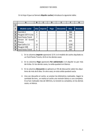 EJERCICIO 7 DE EXCEL



    En la hoja 4 (que se llamará Alquiler coches) introduce la siguiente tabla:


            A             B        C          D           E           F           G
1
2     Modelo coche       Días Importe       Pago     Descuento      Kms.      Revisión
3   Ford K4-4             2                                          300
4   Peugeot 207 X-Line    5                                          750
5   Ford Fiesta Trend     7                                          520
    Citroen C4 Grand
6                         4                                          635
    Picasso
7   Opel Zafira 1.6       12                                        1230
8   Peugeot 308           6                                          422
9   Ford Fiesta Trend     5                                          565

        1. En la columna Importe aparecerá 12 € si el modelo de coche alquilado es
           un Ford Fiesta Trend y 16 € en los demás casos

        2. En la columna Pago aparecerá Por adelantado si el alquiler es por más
           de 6 días. En los demás casos, la celda quedará en blanco.

        3. En la columna Descuento se aplicará un 5% de descuento sobre los alqui-
           leres de más de 8 días. En otro caso, en esta celda quedará vacía.

        4. Una vez devuelto el coche, se anotan los kilómetros realizados. Según la
           cantidad de kms., se realiza al coche una revisión básica o una completa.
           Si se han realizado más de 500 kms, la revisión es completa; en los demás
           casos, es básica.




                                                                                      4
 
