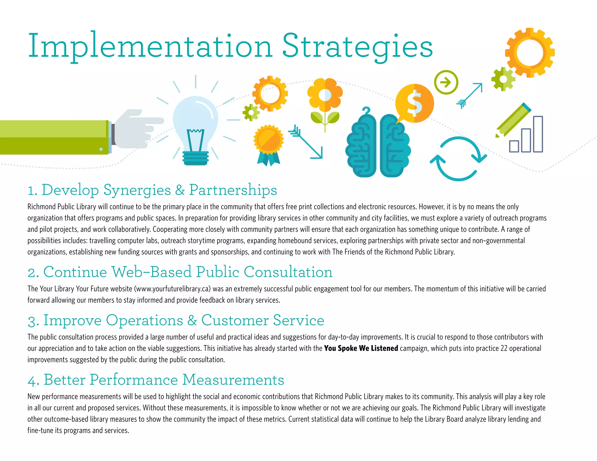 1. Develop Synergies & Partnerships
Richmond Public Library will continue to be the primary place in the community that offers free print collections and electronic resources. However, it is by no means the only
organization that offers programs and public spaces. In preparation for providing library services in other community and city facilities, we must explore a variety of outreach programs
and pilot projects, and work collaboratively. Cooperating more closely with community partners will ensure that each organization has something unique to contribute. A range of
possibilities includes: travelling computer labs, outreach storytime programs, expanding homebound services, exploring partnerships with private sector and non–governmental
organizations, establishing new funding sources with grants and sponsorships, and continuing to work with The Friends of the Richmond Public Library.
2. Continue Web–Based Public Consultation
The Your Library Your Future website (www.yourfuturelibrary.ca) was an extremely successful public engagement tool for our members. The momentum of this initiative will be carried
forward allowing our members to stay informed and provide feedback on library services.
3. Improve Operations & Customer Service
The public consultation process provided a large number of useful and practical ideas and suggestions for day-to-day improvements. It is crucial to respond to those contributors with
our appreciation and to take action on the viable suggestions. This initiative has already started with the You Spoke We Listened campaign, which puts into practice 22 operational
improvements suggested by the public during the public consultation.
4. Better Performance Measurements
New performance measurements will be used to highlight the social and economic contributions that Richmond Public Library makes to its community. This analysis will play a key role
in all our current and proposed services. Without these measurements, it is impossible to know whether or not we are achieving our goals. The Richmond Public Library will investigate
other outcome-based library measures to show the community the impact of these metrics. Current statistical data will continue to help the Library Board analyze library lending and
fine-tune its programs and services.
Implementation Strategies
 