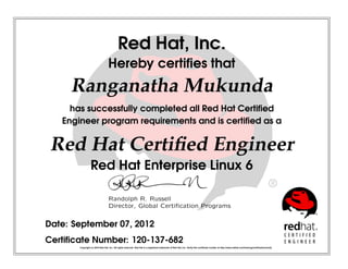 Red Hat, Inc.
Hereby certiﬁes that
Ranganatha Mukunda
has successfully completed all Red Hat Certiﬁed
Engineer program requirements and is certiﬁed as a
Red Hat Certiﬁed Engineer
Red Hat Enterprise Linux 6
Randolph R. Russell
Director, Global Certiﬁcation Programs
Date: September 07, 2012
Certiﬁcate Number: 120-137-682
Copyright (c) 2010 Red Hat, Inc. All rights reserved. Red Hat is a registered trademark of Red Hat, Inc. Verify this certiﬁcate number at http://www.redhat.com/training/certiﬁcation/verify
 