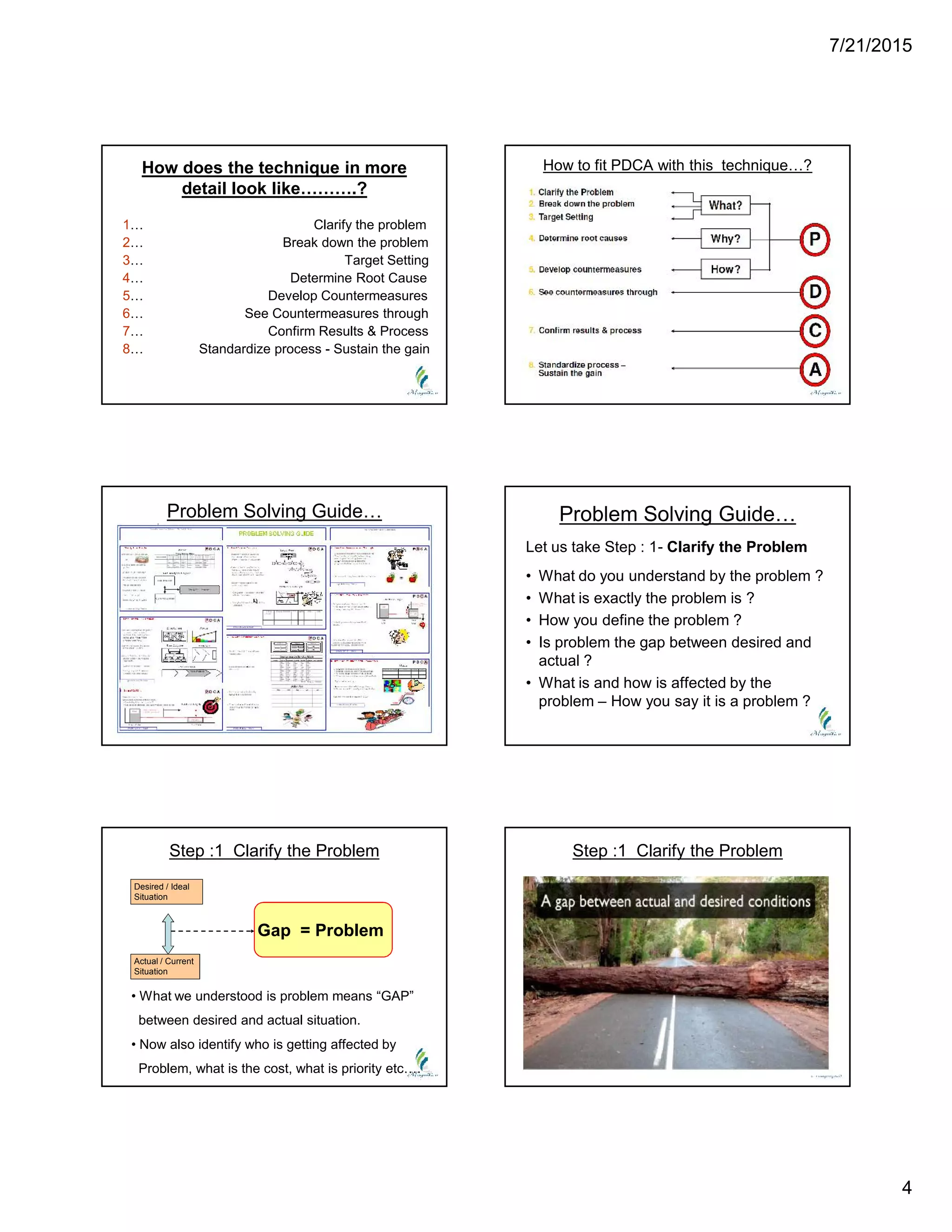 7/21/2015
4
How does the technique in more
detail look like……….?
1… Clarify the problem
2… Break down the problem
3… Target Setting
4… Determine Root Cause
5… Develop Countermeasures
6… See Countermeasures through
7… Confirm Results & Process
8… Standardize process - Sustain the gain
How to fit PDCA with this technique…?
Problem Solving Guide…
Let us take Step : 1- Clarify the Problem
• What do you understand by the problem ?
• What is exactly the problem is ?
• How you define the problem ?
• Is problem the gap between desired and
actual ?
• What is and how is affected by the
problem – How you say it is a problem ?
Problem Solving Guide…
Step :1 Clarify the Problem
Desired / Ideal
Situation
Actual / Current
Situation
Gap = ProblemGap = Problem
• What we understood is problem means “GAP”
between desired and actual situation.
• Now also identify who is getting affected by
Problem, what is the cost, what is priority etc….
Step :1 Clarify the Problem
 