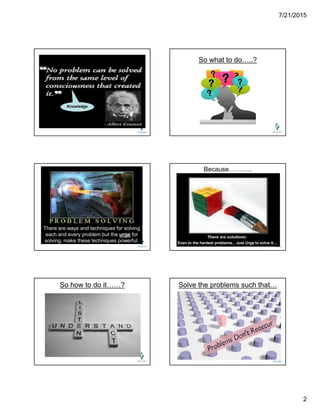 7/21/2015
2
Knowledge
So what to do…..?
There are ways and techniques for solving
each and every problem but the urge for
solving, make these techniques powerful.
Because………..
Even to the hardest problems... Just Urge to solve it…
So how to do it……? Solve the problems such that…
 