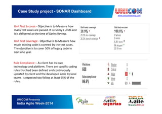 www.unicomlearning.com
Case Study project - SONAR Dashboard
UNICOM Presents
India Agile Week-2014
Unit Test Success:- Objective is to Measure how
many test cases are passed. It is run by J Units and
it is delivered at the time of Sprint Review.
Unit Test Coverage:- Objective is to Measure how
much existing code is covered by the test cases.
The objective is to cover 50% of legacy code in
next one year.
Rule Compliance :- As client has its own
technology and platform. There are specific coding
rules that had been defined and continuously
updated by client and the developed code by local
teams is expected too follow at least 95% of the
rules.
 