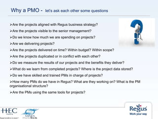 Are the projects aligned with Regus business strategy?
Are the projects visible to the senior management?
Do we know how much we are spending on projects?
Are we delivering projects?
Are the projects delivered on time? Within budget? Within scope?
Are the projects duplicated or in conflict with each other?
Do we measure the results of our projects and the benefits they deliver?
What do we learn from completed projects? Where is the project data stored?
Do we have skilled and trained PMs in charge of projects?
How many PMs do we have in Regus? What are they working on? What is the PM
organisational structure?
Are the PMs using the same tools for projects?
Why a PMO - let’s ask each other some questions
 