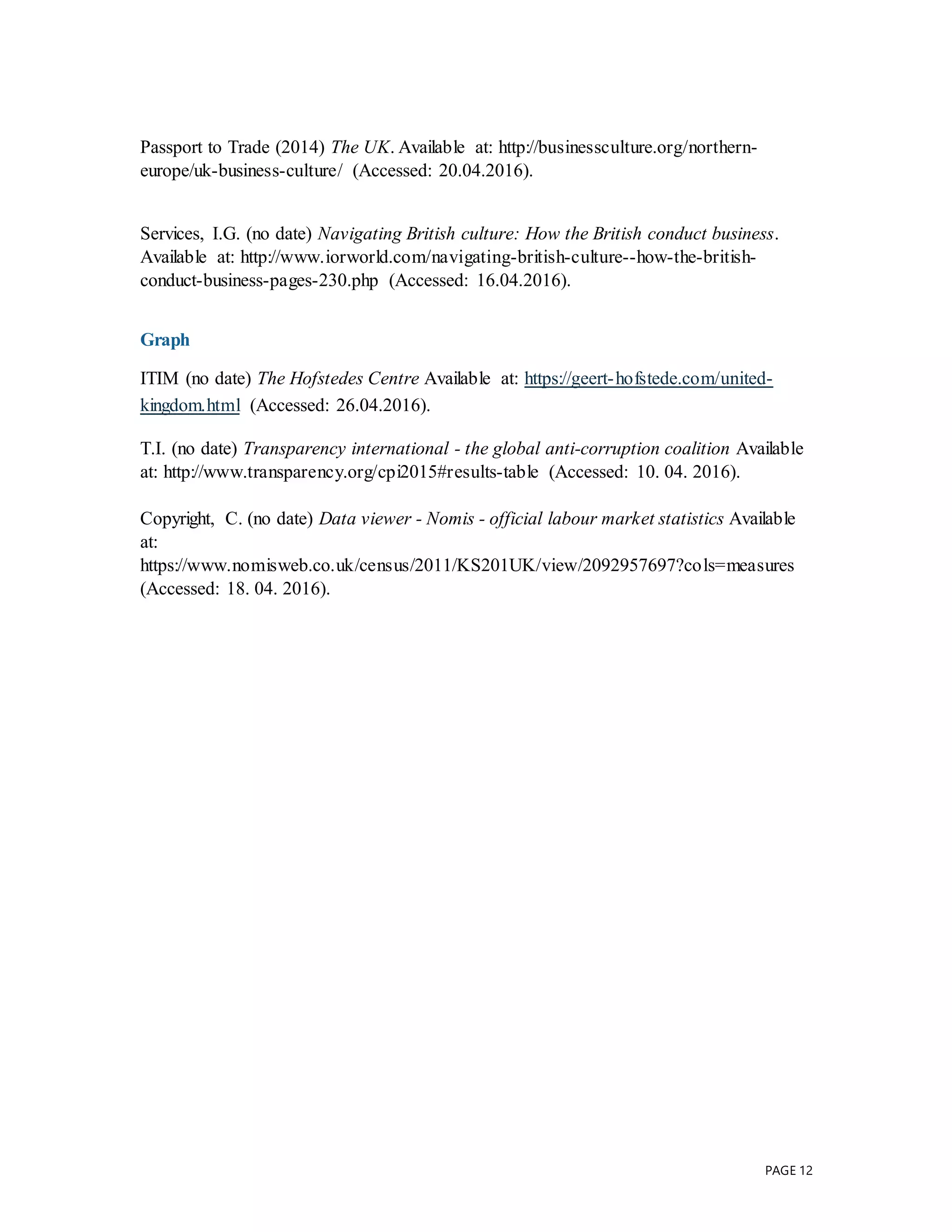 PAGE 12
Passport to Trade (2014) The UK. Available at: http://businessculture.org/northern-
europe/uk-business-culture/ (Accessed: 20.04.2016).
Services, I.G. (no date) Navigating British culture: How the British conduct business.
Available at: http://www.iorworld.com/navigating-british-culture--how-the-british-
conduct-business-pages-230.php (Accessed: 16.04.2016).
Graph
ITIM (no date) The Hofstedes Centre Available at: https://geert-hofstede.com/united-
kingdom.html (Accessed: 26.04.2016).
T.I. (no date) Transparency international - the global anti-corruption coalition Available
at: http://www.transparency.org/cpi2015#results-table (Accessed: 10. 04. 2016).
Copyright, C. (no date) Data viewer - Nomis - official labour market statistics Available
at:
https://www.nomisweb.co.uk/census/2011/KS201UK/view/2092957697?cols=measures
(Accessed: 18. 04. 2016).
 