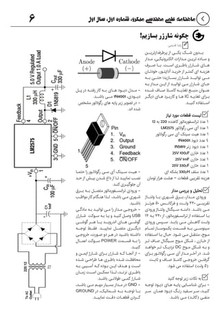 ‫اول‬ ‫سال‬ ،‫اول‬ ‫شماره‬ ،‫میکرو‬ ‫مهندسی‬ ‫علمی‬ ‫ماهنامه‬6
‫پرطرفدارتریــن‬ ‫از‬ ‫یکــی‬ ‫شــک‬ ‫بــدون‬
‫ـدار‬‫ـ‬‫م‬ ،‫ـی‬‫ـ‬‫الکترونیک‬ ‫ـدارات‬‫ـ‬‫م‬ ‫ـن‬‫ـ‬‫تری‬ ‫ـاده‬‫ـ‬‫س‬ ‫و‬
‫صــرف‬ ‫بــا‬ .‫اســت‬ ‫باطــری‬ ‫شــارژر‬ ‫هــای‬
‫ـان‬‫ـ‬‫خودت‬ ،‫ـور‬‫ـ‬‫آداپت‬ ‫ـد‬‫ـ‬‫خری‬ ‫از‬ ‫ـر‬‫ـ‬‫کمت‬ ‫ای‬ ‫ـه‬‫ـ‬‫هزین‬
‫بــه‬ ‫حتــی‬ ‫بســازید؛‬ ‫شــارژر‬ ‫توانیــد‬ ‫مــی‬
‫ـه‬‫ـ‬‫ب‬ ‫ـدار‬‫ـ‬‫م‬ ‫ـن‬‫ـ‬‫ای‬ ‫از‬ ‫ـد‬‫ـ‬‫توانی‬ ‫ـی‬‫ـ‬‫م‬ ‫ـارژر‬‫ـ‬‫ش‬ ‫ـای‬‫ـ‬‫ج‬
‫شــده‬ ‫صــاف‬ ‫کامــا‬ ‫تغذیــه‬ ‫منبــع‬ ‫عنــوان‬
‫ـر‬‫ـ‬‫دیگ‬ ‫ـای‬‫ـ‬‫ه‬ ‫ـرد‬‫ـ‬‫کارب‬ ‫و‬ ‫ـا‬‫ـ‬‫ه‬ IC ‫ـه‬‫ـ‬‫تغذی‬ ‫ـرای‬‫ـ‬‫ب‬
.‫کنیــد‬ ‫اســتفاده‬
‫نیاز‬ ‫مورد‬ ‫قطعات‬ ‫لیست‬
12 ‫به‬ 220 ‫کاهنده‬ ‫ترانسفورماتور‬ ‫عدد‬ 1
LM2575 ‫رگوالتور‬ ‫سی‬ ‫آی‬ ‫عدد‬ 1
‫رگوالتور‬ ‫سی‬ ‫آی‬ ‫سینک‬ ‫هیت‬ ‫عدد‬ 1
1N4001 ‫دیود‬ ‫عدد‬ 4
1N5819 ‫زنر‬ ‫دیود‬ ‫عدد‬ 1
25V 100µF ‫خازن‬ ‫عدد‬ 1
25V 1mF ‫خازن‬ ‫عدد‬ 1
25V 330µF ‫خازن‬ ‫عدد‬ 1
‫ای‬ ‫بشکه‬ 330µH ‫سلف‬ ‫عدد‬ 1
‫تومان‬ ‫هزار‬ ‫هشت‬ ~ ‫قطعات‬ ‫تقریبی‬ ‫هزینه‬
‫مدار‬ ‫بررسی‬ ‫و‬ ‫تحلیل‬
‫ولتــاژ‬ ‫بــا‬ ‫شــهری‬ ‫بــرق‬ ،‫مــدار‬ ‫ورودی‬
‫هرتــز‬ 50 ‫فرکانــس‬ ‫و‬ ‫ولــت‬ 220 ‫تقریبــی‬
‫ورودی‬ ‫ولتــاژ‬ ‫ســیگنال‬ ‫دامنــه‬ .‫باشــد‬ ‫مــی‬
12 ‫ـه‬‫ـ‬‫ب‬ 220 ‫از‬ ،‫ـفورماتور‬‫ـ‬‫ترانس‬ ‫از‬ ‫ـتفاده‬‫ـ‬‫اس‬ ‫ـا‬‫ـ‬‫ب‬
‫ورودی‬ ‫ســپس‬ .‫یابــد‬ ‫مــی‬ ‫کاهــش‬ ‫ولــت‬
‫تمــام‬ ‫یکسوســاز‬ ‫قســمت‬ ‫بــه‬ ‫سینوســی‬
‫ـتفاده‬‫ـ‬‫اس‬ ‫ـا‬‫ـ‬‫ب‬ ‫ـال‬‫ـ‬‫ح‬ .‫ـود‬‫ـ‬‫ش‬ ‫ـی‬‫ـ‬‫م‬ ‫ـل‬‫ـ‬‫منتق‬ ،‫ـوج‬‫ـ‬‫م‬
‫ـر‬‫ـ‬‫ت‬ ‫ـاف‬‫ـ‬‫ص‬ ‫ـیگنال‬‫ـ‬‫س‬ ‫ـوج‬‫ـ‬‫م‬ ‫ـکل‬‫ـ‬‫ش‬ ، ‫ـازن‬‫ـ‬‫خ‬ ‫از‬
‫ـد‬‫ـ‬‫خواه‬ ‫ـر‬‫ـ‬‫ت‬ ‫ـک‬‫ـ‬‫نزدی‬ DC ‫ـوج‬‫ـ‬‫م‬ ‫ـکل‬‫ـ‬‫ش‬ ‫ـه‬‫ـ‬‫ب‬ ‫و‬
‫ـرای‬‫ـ‬‫ب‬ ‫ـور‬‫ـ‬‫رگوالت‬ ‫ـی‬‫ـ‬‫س‬ ‫آی‬ ‫ـدار‬‫ـ‬‫م‬ ‫ـر‬‫ـ‬‫آخ‬ ‫در‬ .‫ـد‬‫ـ‬‫ش‬
‫ثابــت‬ ‫و‬ ‫صــاف‬ ‫کامــا‬ ‫خروجــی‬ ‫گرفتــن‬
.‫شود‬ ‫می‬ ‫استفاده‬ )‫ولت‬ 5(
‫کنید‬ ‫توجه‬ ‫زیر‬ ‫نکات‬ ‫به‬
‫ـه‬‫ـ‬‫توج‬ ‫ـود‬‫ـ‬‫دی‬ ‫ـای‬‫ـ‬‫ه‬ ‫ـه‬‫ـ‬‫پای‬ ‫ـایی‬‫ـ‬‫شناس‬ ‫ـرای‬‫ـ‬‫ب‬ -
‫ـر‬‫ـ‬‫س‬ ‫ـان‬‫ـ‬‫هم‬ ‫ـود‬‫ـ‬‫دی‬ ‫ـگ‬‫ـ‬‫رن‬ ‫ـفید‬‫ـ‬‫س‬ ‫ـر‬‫ـ‬‫س‬ ،‫ـد‬‫ـ‬‫کنی‬
.‫ـد‬‫ـ‬‫باش‬ ‫ـی‬‫ـ‬‫م‬ )‫ـد‬‫ـ‬‫(کات‬ ‫ـی‬‫ـ‬‫منف‬
‫پــل‬ ‫در‬ ‫رفتــه‬ ‫کار‬ ‫بــه‬ ‫هــای‬ ‫دیــود‬ ‫مــدل‬ -
.‫باشــد‬ ‫مــی‬ 1N4001 ،‫دیــودی‬
‫مشخص‬ ‫رگوالتور‬ ‫های‬ ‫پایه‬ ‫زیر‬ ‫تصویر‬ ‫در‬ -
.‫اند‬ ‌‌‫شده‬
‫ـا‬‫ـ‬‫حتم‬ ‫را‬ ‫ـور‬‫ـ‬‫رگوالت‬ ‫ـی‬‫ـ‬‫س‬ ‫آی‬ ‫ـینک‬‫ـ‬‫س‬ ‫ـت‬‫ـ‬‫هی‬ -
‫ـد‬‫ـ‬‫ح‬‫از‬ ‫ـش‬‫ـ‬‫بی‬ ‫ـدن‬‫ـ‬‫ش‬ ‫داغ‬‫از‬ ‫ـا‬‫ـ‬‫ت‬ ‫ـد‬‫ـ‬‫نمایی‬ ‫ـب‬‫ـ‬‫نص‬
.‫ـد‬‫ـ‬‫کن‬ ‫ـری‬‫ـ‬‫جلوگی‬ ‫آن‬
‫بــرق‬ ‫بــه‬ ‫متصــل‬ ‫ترانســفورماتور‬ ‫ورودی‬ -
‫ـب‬‫ـ‬‫مواظ‬‫کار‬‫ـگام‬‫ـ‬‫هن‬ ‫ـذا‬‫ـ‬‫ل‬ ،‫ـد‬‫ـ‬‫باش‬ ‫ـی‬‫ـ‬‫م‬ ‫ـهری‬‫ـ‬‫ش‬
.‫ـید‬‫ـ‬‫باش‬
‫ـی‬‫ـ‬‫مادگ‬ ‫ـه‬‫ـ‬‫ب‬ ‫ـد‬‫ـ‬‫توانی‬ ‫ـی‬‫ـ‬‫م‬ ‫را‬ ‫ـدار‬‫ـ‬‫م‬ ‫ـی‬‫ـ‬‫خروج‬ -
‫ـارژر‬‫ـ‬‫ش‬ ‫ـوکت‬‫ـ‬‫س‬ ‫ـه‬‫ـ‬‫ب‬ ‫ـا‬‫ـ‬‫ی‬ ‫و‬ ‫ـد‬‫ـ‬‫کنی‬ ‫ـل‬‫ـ‬‫وص‬ USB
‫گوشــی‬ ‫هــر‬ ‫یــا‬ ‫اندرویــد‬ ‫هــای‬ ‫گوشــی‬
‫توجــه‬ ‫فقــط‬ .‫نماییــد‬ ‫متصــل‬ ‫دیگــری‬
‫ـی‬‫ـ‬‫خروج‬ ،‫ـورت‬‫ـ‬‫ص‬ ‫دو‬ ‫ـر‬‫ـ‬‫ه‬ ‫در‬ ‫ـید‬‫ـ‬‫باش‬ ‫ـته‬‫ـ‬‫داش‬
‫اعمــال‬ ‫ســوکت‬ POWER ‫قســمت‬ ‫بــه‬ ‫را‬
.‫کنیــد‬
‫و‬ ‫ـن‬‫ـ‬‫ایم‬ ‫ـارژ‬‫ـ‬‫ش‬ ‫ـرای‬‫ـ‬‫ب‬ ‫ـارژر‬‫ـ‬‫ش‬ ‫ـه‬‫ـ‬‫ک‬ ‫ـا‬‫ـ‬‫آنج‬ ‫از‬ -
‫ـده‬‫ـ‬‫ش‬ ‫ـی‬‫ـ‬‫طراح‬ ‫ـا‬‫ـ‬‫ه‬ ‫ـری‬‫ـ‬‫باط‬ ‫ـده‬‫ـ‬‫ش‬ ‫ـت‬‫ـ‬‫محافظ‬
‫ـه‬‫ـ‬‫ب‬ ‫ـیبی‬‫ـ‬‫آس‬ ‫ـه‬‫ـ‬‫ک‬ ‫ـوده‬‫ـ‬‫ب‬ ‫ـن‬‫ـ‬‫ای‬ ‫ـدف‬‫ـ‬‫ه‬ ‫و‬ ‫ـت‬‫ـ‬‫اس‬
‫زمــان‬ ‫اســت‬ ‫ممکــن‬ ‫لــذا‬ ،‫نزنــد‬ ‫باطــری‬
.‫ـد‬‫باشـ‬ ‫ـی‬‫طوالنـ‬ ‫ـی‬‫کمـ‬ ‫ـارژ‬‫شـ‬
،‫ـد‬‫باشـ‬ ‫ـی‬‫مـ‬ ‫ـم‬‫مهـ‬ ‫ـیار‬‫بسـ‬ ‫ـدار‬‫مـ‬ ‫در‬ GND -
GROUND ‫در‬ ،‫شــماتیک‬ ‫بــه‬ ‫توجــه‬ ‫بــا‬
.‫نماییــد‬ ‫دقــت‬ ‫قطعــات‬ ‫کــردن‬
!‫بسازیم‬ ‫شارژر‬ ‫چگونه‬
‫قدیمی‬ ‫رضا‬
 