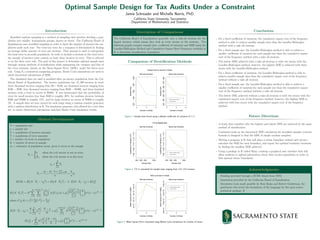 Optimal Sample Design for Tax Audits Under a Constraint
Jamie Schreader and Michelle Norris, PhD.
California State University, Sacramento
Department of Mathematics and Statistics
Introduction
Stratiﬁed random sampling is a method of sampling that involves dividing a pop-
ulation into smaller, homogenous groups, known as strata. The California Board of
Equalization uses stratiﬁed sampling in order to limit the number of invoices the em-
ployees audit each year. The total tax error for a company is determined by ﬁnding
an average dollar amount of error per stratum. That amount is used to extrapolate
the total error in an audit population. In order to include a stratum in the total error,
the sample of invoices must contain at least three invoices in error. This is referred
to as the three error rule. The goal of this project is determine optimal sample sizes
through various methods of stratiﬁcation while minimizing the variance and bias of
the error estimate, known as the Mean Square Error (MSE), under the three error
rule. Using R, a statistical computing program, Monte Carlo simulations are used to
check theoretical calculations of MSE.
The simulated data set used is modeled after an invoice population from the Cal-
ifornia Board of Equalization. The invoice population has 13, 300 invoices in total;
three thousand invoices ranging from $0 − $100, six thousand invoices ranging from
$100 − $500, four thousand invoices ranging from $500 − $5000, and three hundred
invoices with a total in excess of $5000. It was determined that the probability of
error for small invoices less than $500 is roughly 20%, for medium invoices between
$500 and $5000 is roughly 15%, and for large invoices in excess of $5000 is roughly
2%. A sample data set was created for each range using a random number generator
with a uniform distribution in R. For simulation purposes, this allowed for a test data
set, to ensure theoretical calculations matched Monte Carlo simulation results.
Method Development
N = population size
n = sample size
X = population of invoices amounts
Y = population of error amounts
J = number of errors in population
K = number of errors in sample
¯xk = estimator of population mean, given k errors in the sample
Yi =



0, when the i-th invoice is not in error,
Xi, when the i-th invoice is in the error.
τy =
N
i=1
Yi
¯Yn =
(n − k) · 0 + k
i=1 yi
n
=
k
n
¯xk
MSE = E[(N · ¯Yn − τy)2
] = E[(N · ¯Yn)2
] − 2 · E[N · ¯Yn · τy] + E[τ2
y ]
E[(N · ¯Yn)2
] = N2
N
j=0
min(n,J)
k=3
k
n
2
[σ2
xC(j, k)+µ2
x]
j
k
N−j
n−k
N
n
N
j
πj
(1−π)(N−j)
where C(j, k) = (j−k)(j−1)
jk2 + N−j
Nj
E[N · ¯Yn · τy] =
N
n
N
j=3
j[
σ2
x
j
·
N − j
N
+ µ2
x]
min(n,j)
k=3
k
j
k
N−j
n−k
N
n
N
j
πj
(1 − π)(N−j)
E[τ2
y ] =
N
k=0
k2
(
σ2
x
k
N − k
N
+ µ2
x)
N
k
πk
(1 − π)(N−k)
Description of Comparisons
The California Board of Equalization generally uses a take-all stratum for the
largest invoices, which means they look at every invoice in the stratum. The
following graphs compare sample sizes, coeﬃcient of variation and MSE using the
Lavallee-Hidiroglou Method and Cumulative Square Root Frequency methods in
R to determine stratiﬁcation boundaries.
Comparison of Stratiﬁcation Methods
2 3 4
2004006008001000
With Take−All Stratum
Number of Strata
SampleSize
2 3 4
200300400500600700800
Without Take−All Stratum
Number of Strata
SampleSize
Sample Size by Number of Strata
Lavallee−Hidiroglou Method
Cumrootf Method
Figure 1: Sample sizes found using a default coeﬃcient of variation of 0.15
400 600 800 1200
0.060.080.100.120.14
With Take−All Stratum
Sample Size
CoefficientofVariation(CV)
400 600 800 1200
0.060.080.100.120.14
Without Take−All Stratum
Sample Size
CoefficientofVariation(CV)
Lavallee−Hidiroglou method
Cumrootf method
CV by Sample SizeCV by Sample Size
Figure 2: CV is calculated for sample sizes ranging from 500-1200 invoices
2 3 4
1e+122e+123e+124e+12
With Take−All Stratum
Number of Strata
MeanSquareError(MSE)
2 3 4
2.5e+123.5e+124.5e+125.5e+12
Without Take−All Stratum
Number of Strata
MeanSquareError(MSE)
Lavallee−Hidiroglou method
Cumrootf method
MSE by Number of Strata
Figure 3: Mean Square Error calculated using Monte Carlo simulations for number of strata
Conclusions
• For a ﬁxed coeﬃcient of variation, the cumulative square root of the frequency
method is able to achieve smaller sample sizes than the Lavallee-Hidiroglou
method with a take all stratum.
• For a ﬁxed sample size, the Lavallee-Hidiroglou method is able to achieve a
smaller coeﬃcient of variation for each sample size than the cumulative square
root of the frequency method with a take all stratum.
• The lowest MSE achieved with a take all stratum is with two strata with the
Lavallee-Hidiroglou method; however, the highest MSE is achieved with three
strata with the Lavallee-Hidiroglou method.
• For a ﬁxed coeﬃcient of variation, the Lavallee-Hidiroglou method is able to
achieve smaller sample sizes than the cumulative square root of the frequency
method without a take all stratum.
• For a ﬁxed sample size, the Lavallee-Hidiroglou method is able to achieve a
smaller coeﬃcient of variation for each sample size than the cumulative square
root of the frequency method without a take all stratum.
• The lowest MSE achieved without a take all stratum is with two strata with the
cumulative square root of the frequency method; however, the highest MSE is
achieved with four strata with the cumulative square root of the frequency
method.
Future Directions
• A study that considers why the highest and lowest MSE are achieved by the same
method of stratiﬁcation
• Continued work on the theoretical MSE calculation for stratiﬁed samples (current
formula is designed to ﬁnd the MSE of simple random samples)
• Writing a program in R that will place a strata boundary behind each invoice,
calculate the MSE for each boundary, and report the optimal boundary locations
by ﬁnding the smallest MSE achieved
• Using a package in R called Shiny, creating a graphical user interface that will
allow auditors to upload information about their invoice population in order to
ﬁnd optimal strata boundaries
Acknowledgments
• Funding provided through a SURE Award from NSM
• Inspiration provided by the California Board of Equalization
• Simulation tools made possible by Ross Ihaka and Robert Gentleman, the
gentlemen who wrote the foundation of the language for the open source
statistical package, R
 