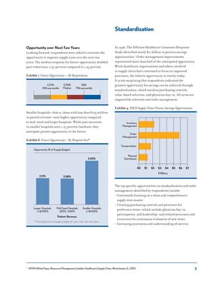 3
Opportunity over Next Two Years
Looking forward, respondents were asked to estimate the
opportunity to improve supply costs over the next two
years. The median response for future opportunity doubled
past reductions: 2.50 percent compared to 1.25 percent.
Exhibit 7. Future Opportunity – All Respondents
3.57%
25th percentile
2.50%
Median
.96%
75th percentile
Smaller hospitals—that is, those with less than $125 million
in patient revenue—note higher opportunity compared
to mid-sized and larger hospitals. While past successes
in smaller hospitals were 1.25 percent (median), they
anticipate greater opportunity in the future.
Exhibit 8. Future Opportunity – By Hospital Size*
Opportunity (% of Supply Budget)
2.11% 2.08%
3.50%
Larger Hospitals
(>$315M)
Mid-Sized Hospitals
($125–315M)
Patient Revenue
Smaller Hospitals
(<$125M)
* Annual percent of supply budget per year over next two years.
Standardization
In 1996, The Efficient Healthcare Consumer Response
Study identified nearly $11 billion in process savings
opportunities.2 Order management improvements
represented more than half of the anticipated opportunity.
While healthcare organizations and others involved
in supply chain have continued to focus on improved
processes, the relative opportunity is similar today.
It is not surprising that respondents indicated the
greatest opportunity for savings can be achieved through
standardization, which involves purchasing controls,
value-based selection, and physician buy-in. All areas are
impacted by selection and order management.
Exhibit 9. EHCR Supply Chain Process Savings Opportunities
$ Billions
$0 $1 $2 $3 $4 $5 $6 $7
Transportation
Physical
Distribution
Inventory
Management
Order
Management
The top specific opportunities in standardization and order
management identified by respondents include:
• Continually focusing on a clean and comprehensive
supply item master
• Creating purchasing controls and processes for
preference items—which include physician buy-in,
participation, and leadership—and related processes and
structures for continuous evaluation of new items
• Increasing awareness and understanding of metrics
2 HFMAWhitePaper,ResourceManagementUpdate:HealthcareSupplyChain,Westchester,IL,2001.
 