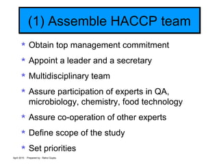 April 2015 Prepared by : Rahul Gupta
(1) Assemble HACCP team(1) Assemble HACCP team
 Obtain top management commitment
 A...