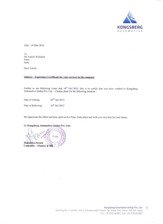 Experience Letter of Kongsberg Automotive.