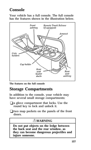 Console 
Your vehicle has a full console. The full console 
has the features shown in the illustration below. 
127 
The features on the full console 
Storage Compartments 
In addition to the console, your vehicle may 
have several small storage compartments: 
qa glove compartment that locks. Use the 
round key to lock and unlock it. 
qtwo map pockets on the panels of the front 
doors. 
RWARNING 
Do not put objects on the ledge between 
the back seat and the rear window, as 
they can become dangerous projectiles and 
injure someone. 
 