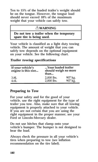 Ten to 15% of the loaded trailer’s weight should 
be on the tongue. However, the tongue load 
should never exceed 10% of the maximum 
weight that your vehicle can safely tow. 
182 
RWARNING 
Do not tow a trailer when the temporary 
spare tire is being used. 
Your vehicle is classified as a light duty towing 
vehicle. The amount of weight that you can 
safely tow depends on the optional equipment 
on your vehicle. See the following chart. 
Trailer towing specifications 
Preparing to Tow 
For your safety and for the good of your 
vehicle, use the right equipment for the type of 
trailer you tow. Also, make sure that all towing 
equipment is properly attached to your vehicle. 
If you are not certain that you are using the 
right equipment in the proper manner, see your 
Ford or Lincoln-Mercury dealer. 
Do not use hitches that clamp onto your 
vehicle’s bumper. The bumper is not designed to 
bear the load. 
Always check the pressure in all your vehicle’s 
tires when preparing to tow (see inflation 
recommendation on the tire label). 
 