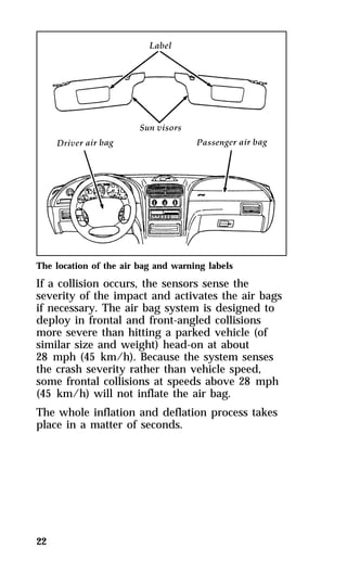 The location of the air bag and warning labels 
If a collision occurs, the sensors sense the 
severity of the impact and activates the air bags 
if necessary. The air bag system is designed to 
deploy in frontal and front-angled collisions 
more severe than hitting a parked vehicle (of 
similar size and weight) head-on at about 
28 mph (45 km/h). Because the system senses 
the crash severity rather than vehicle speed, 
some frontal collisions at speeds above 28 mph 
(45 km/h) will not inflate the air bag. 
The whole inflation and deflation process takes 
place in a matter of seconds. 
22 
 